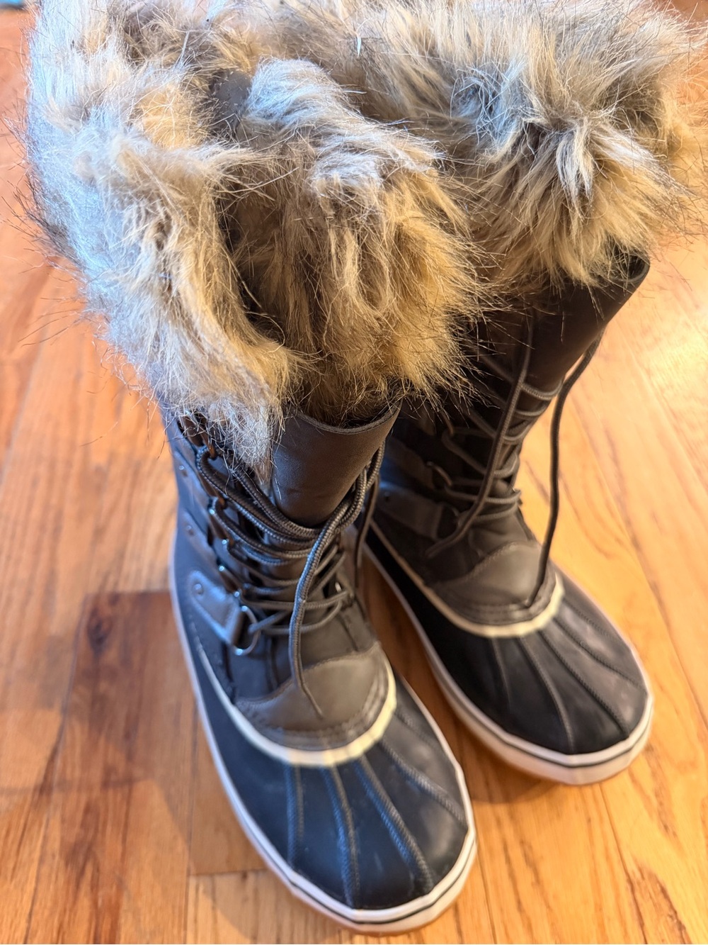 JBU Edith Black Faux-Fur Lace-Up Winter Rain Boots